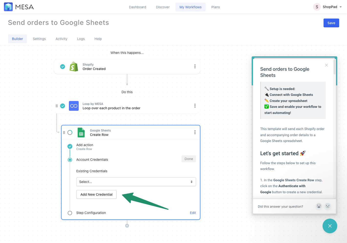 shopify orders to google sheets - credentials