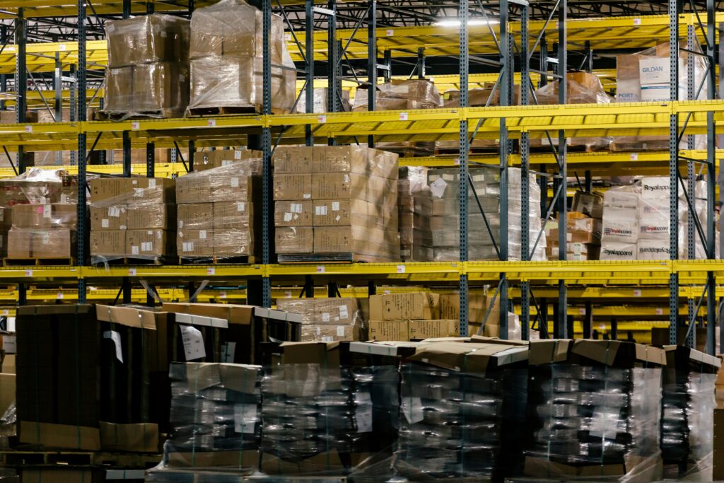 Warehouse shelves stocked.