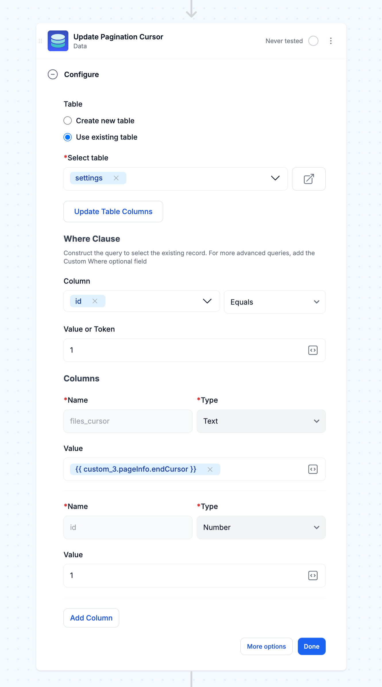 workflow database update cursor for file lookups